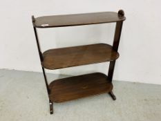 A THREE TIER MAHOGANY SHELVED STAND - W 61CM. D 23CM. H 82CM.