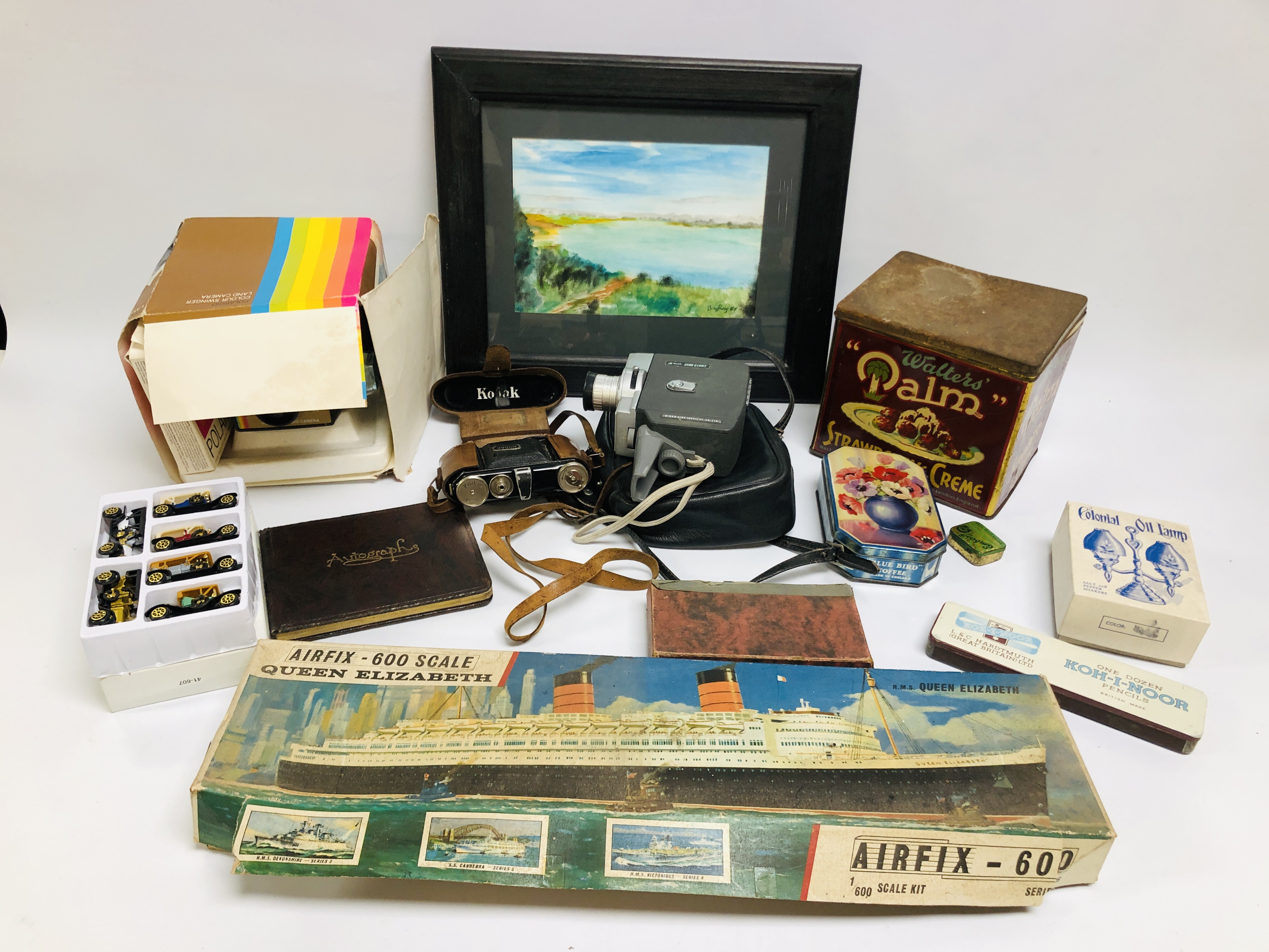 BOX OF COLLECTIBLES TO INCLUDE VINTAGE CAMERAS, KODAK IN FITTED BROWN LEATHER CASE, VINTAGE TINS,