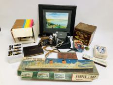 BOX OF COLLECTIBLES TO INCLUDE VINTAGE CAMERAS, KODAK IN FITTED BROWN LEATHER CASE, VINTAGE TINS,