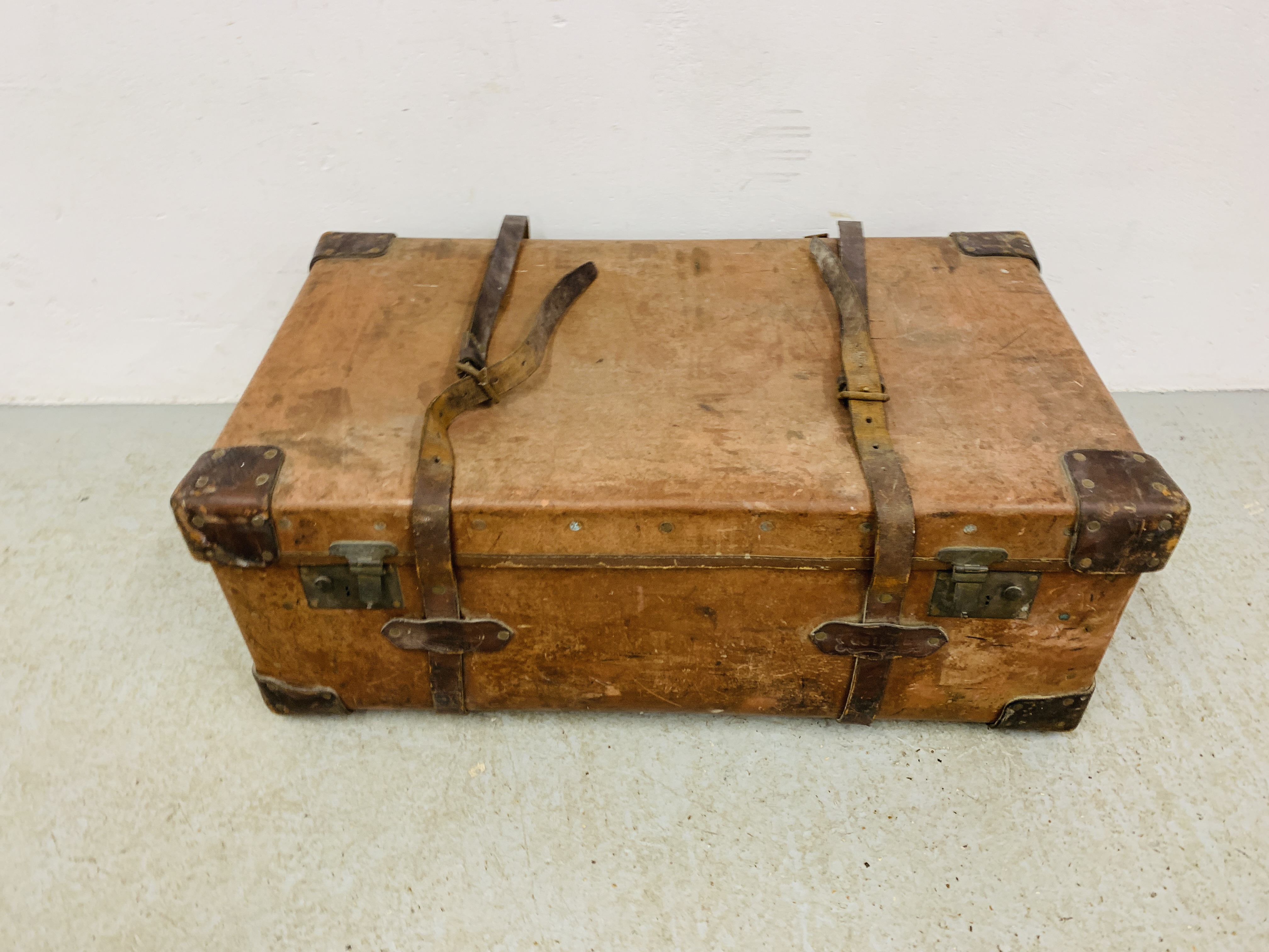 VINTAGE CAVE & SONS "OSILITE" LEATHER BOUND TRAVEL TRUNK - W 87CM, D 51CM,