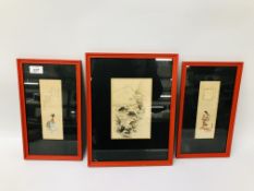 THREE JAPANESE FRAMED PAINTINGS (TWO 6 X 19CM,