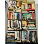 EIGHT BOXES OF GENERAL BOOKS TO INCLUDE SPORT, REFERENCE, NOVELS,