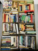 EIGHT BOXES OF GENERAL BOOKS TO INCLUDE SPORT, REFERENCE, NOVELS,