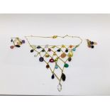 DESIGNER MATCHING NECKLACE AND EARRINGS SET WITH MULTI COLOURED DROP STONES MARKED "WENDY MINK"