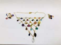 DESIGNER MATCHING NECKLACE AND EARRINGS SET WITH MULTI COLOURED DROP STONES MARKED "WENDY MINK"