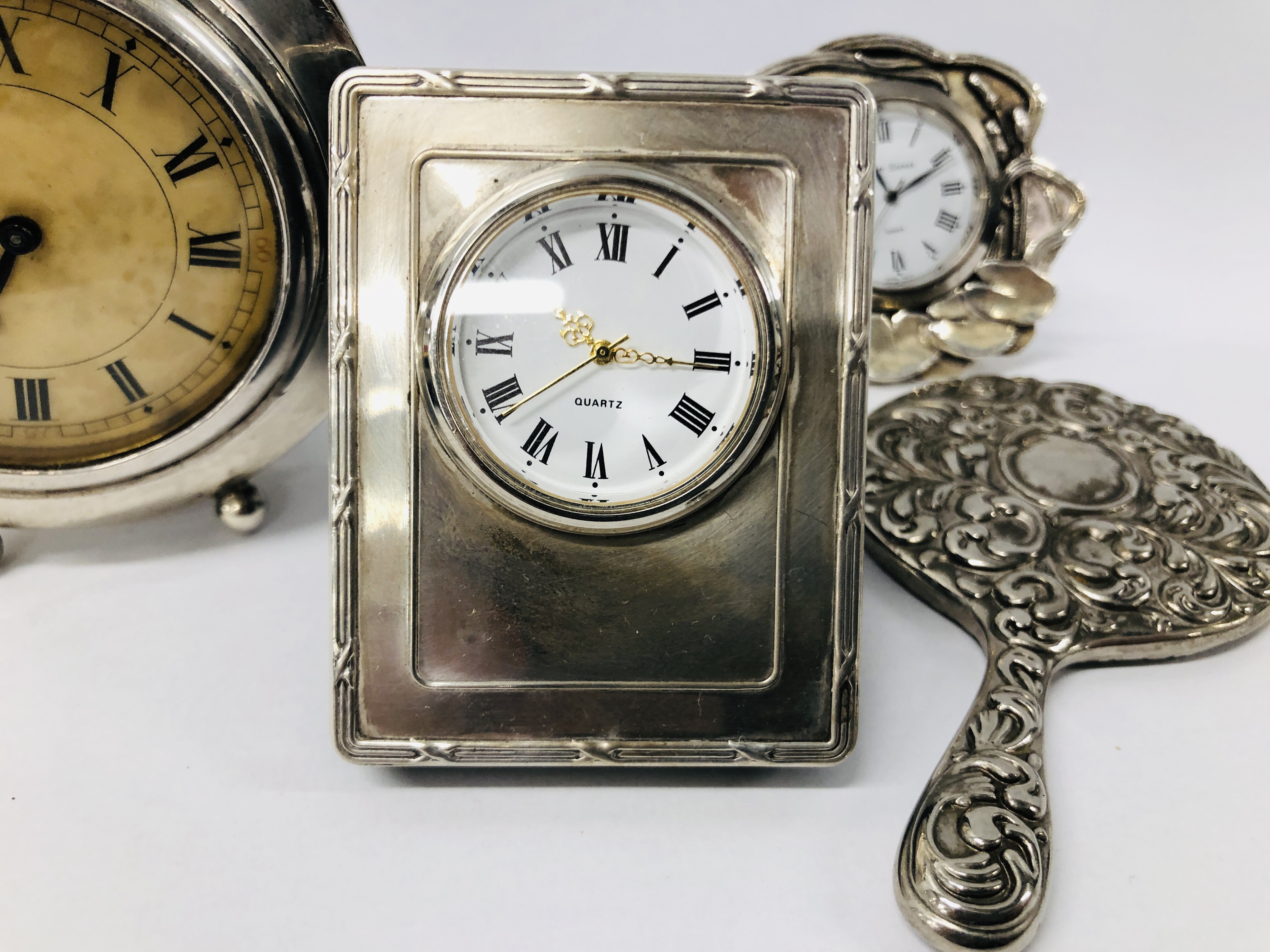 A SMALL SILVER CASED 30 HOUR BEDSIDE CLOCK ALONG WITH A SMALL QUARTZ CLOCK WITH SILVER MOUNT, - Image 3 of 11