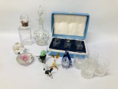 SMALL COLLECTION OF ART GLASS PIECES, SILVER RIMMED TANKARD, PAPERWEIGHTS,