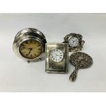 A SMALL SILVER CASED 30 HOUR BEDSIDE CLOCK ALONG WITH A SMALL QUARTZ CLOCK WITH SILVER MOUNT,