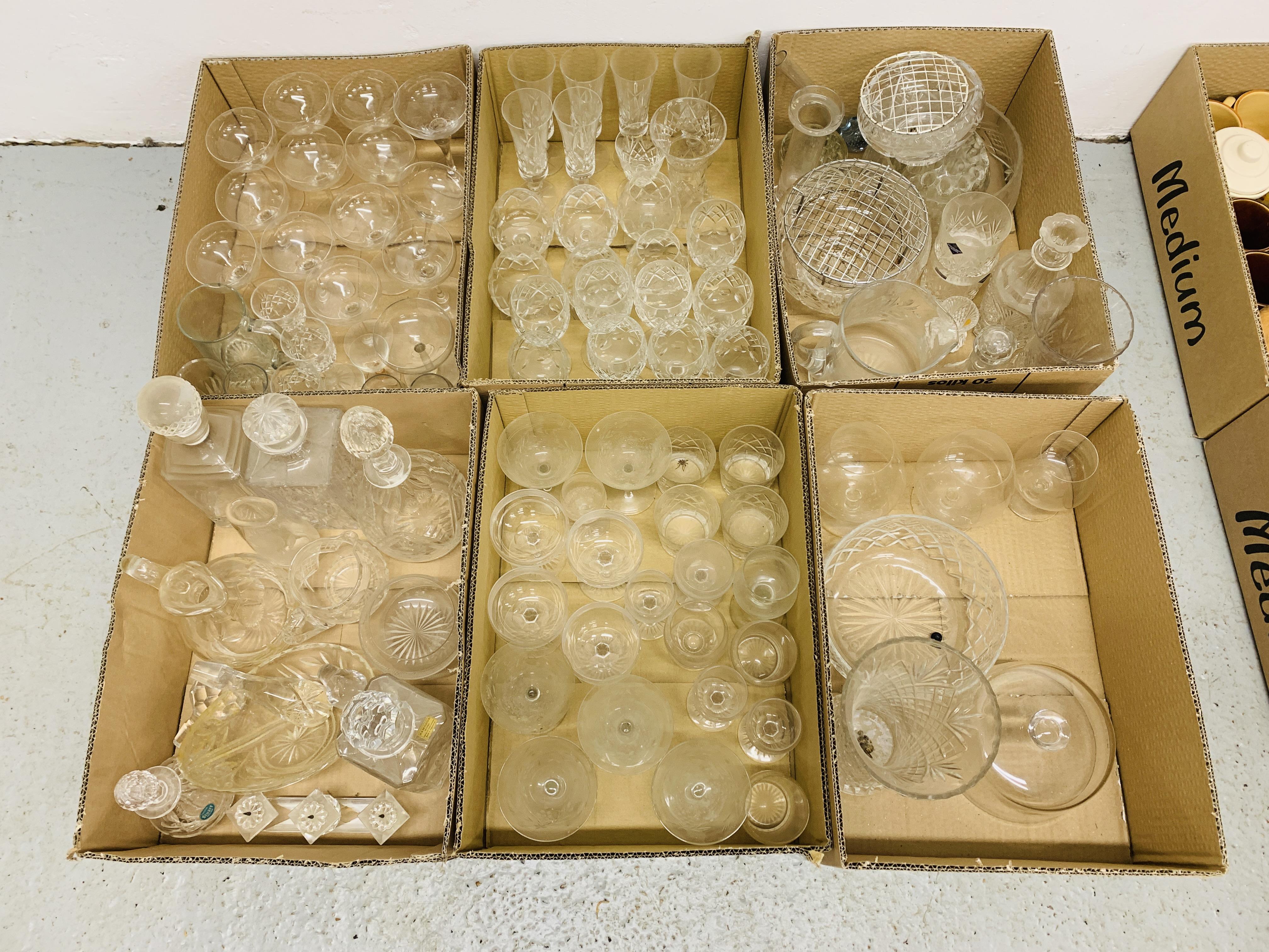 SIX BOXES CONTAINING ASSORTED GLASSWARE TO INCLUDE CRYSTAL GLASSWARE, DECANTERS, VASES, ROSE BOWLS,