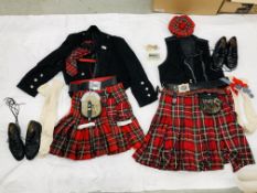 A COLLECTION OF SCOTTISH COSTUME TO INCLUDE TWO KILTS (ONE MARKED LOCHCARRON), SPORRANS, BELTS,