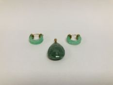 PAIR OF JADE HOOP EARRINGS MARKED 9K ALONG WITH A JADE PENDANT MARKED 9CT