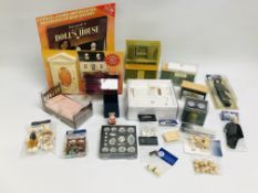 BOX OF ASSORTED MINIATURE DOLLS HOUSE FURNITURE IN MAINLY ORIGINAL BOXES / PACKAGING TO INCLUDE