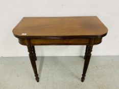 A REGENCY MAHOGANY FOLDING TEA TABLE ON REED LEGS - WIDTH 91CM. DEPTH 45CM. HEIGHT 73CM.