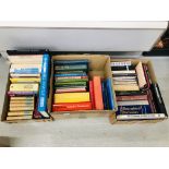 THREE BOXES CONTAINING ASSORTED BOOKS TO INCLUDE POETRY, ATLAS OF THE WORLD, DICTIONARIES,