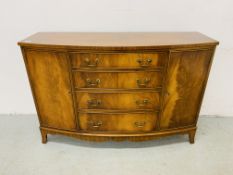 A REPRODUCTION MAHOGANY FINISH BOW FRONTED SIDEBOARD,