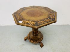 A C 19TH WALNUT OCTAGONAL MARQUETRY PEDESTAL OCCASIONAL TABLE TOP - 52CM. HEIGHT 54CM.