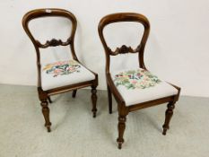 A PAIR OF VICTORIAN SIDE CHAIRS WITH HAND EMBROIDERED DROP IN SEATS