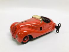 VINTAGE WIND UP "SCHUCO" EXAMICO 4001 RED TIN PLATE CAR, WITH ORIGINAL KEY.