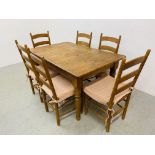 A COUNTRY WAXED PINE EXTENDING KITCHEN TABLE - L 140CM.