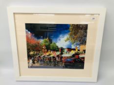 A MODERN FRAMED AND MOUNTED PRINT OF NORWICH MARKET SIGNED. OVERALL FRAME SIZE W 73CM. H 63CM.