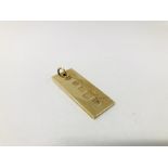 A 9CT GOLD PENDANT INGOT (WEIGHT 15.