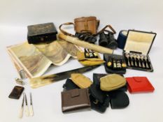 BOX OF ASSORTED COLLECTIBLES TO INCLUDE BINOCULARS, MAP, MINIATURES, VINTAGE PURSES ETC.