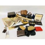 BOX OF ASSORTED COLLECTIBLES TO INCLUDE BINOCULARS, MAP, MINIATURES, VINTAGE PURSES ETC.