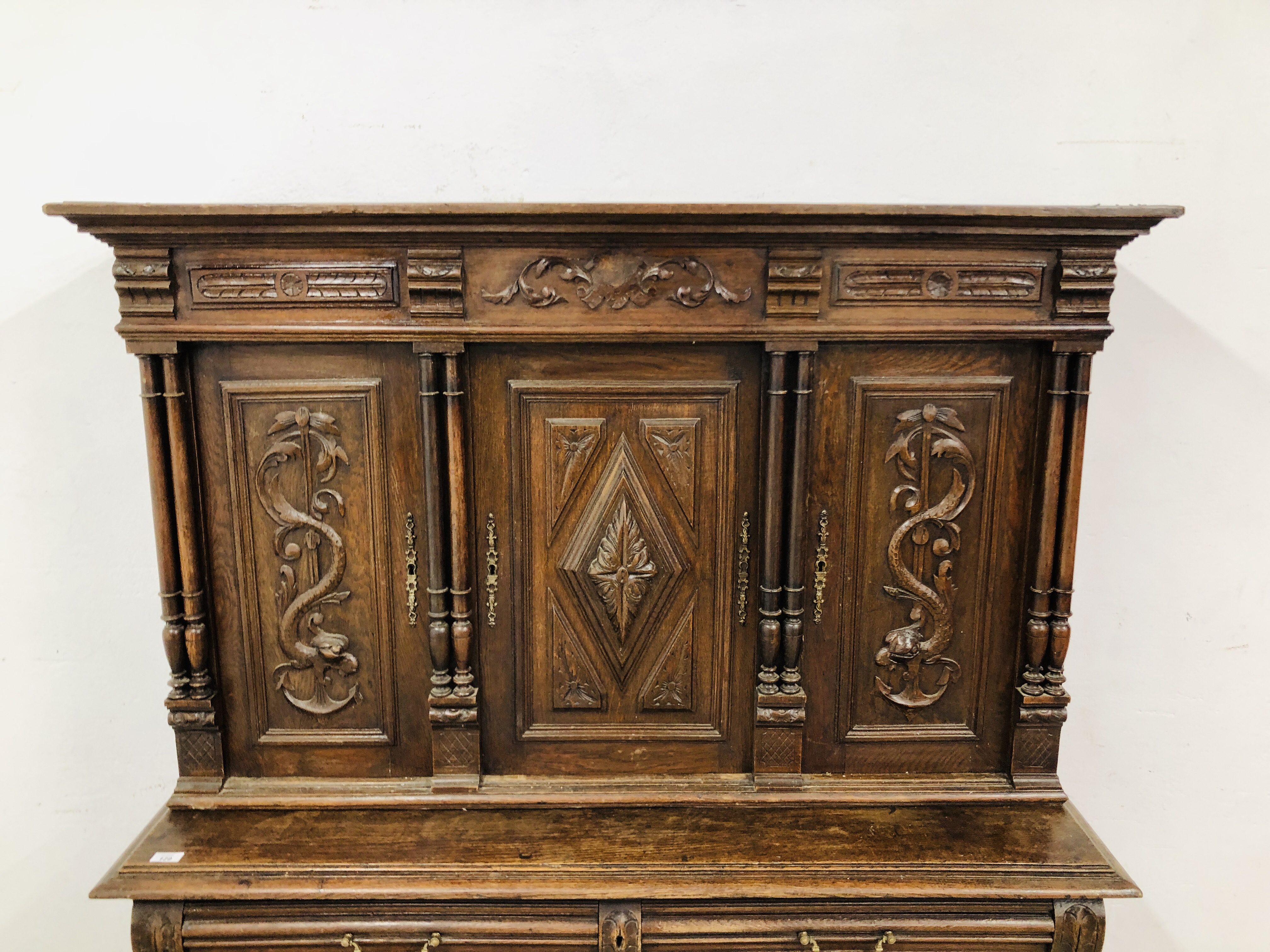 A FRENCH OAK DRESSER, THE UPPER SECTION HAVING THREE PANELLED DOORS, - Image 2 of 30