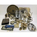 BOX OF ASSORTED PLATED WARE TO INCLUDE 4 PIECE TEA AND COFFEE SET, BOXED CUTLERY CRUET SET,