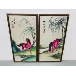 A PAIR OF FRAMED ORIENTAL EMBROIDERIES ON SILK DEPICTING PINK HORSES EACH - W 39CM. H 75CM.