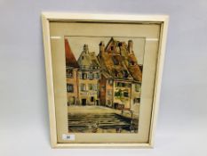 FRAMED WATERCOLOUR, FRENCH STREET SCENE BEARING SIGNATURE "V. STEADMAN 1953" - H 30CM. W 22CM.