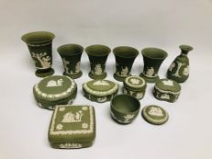 COLLECTION OF WEDGEWOOD SAGE GREEN JASPER WARE - APPROX 12 PIECES TO INCLUDE VASES,