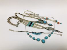 3 X SILVER SOUTH AMERICAN MULTI STRAND NECKLACES WITH BEADED AND ENAMELLED DETAIL ALONG WITH A