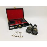 VINTAGE BLACK LEATHER JEWELLERY BOX, VINTAGE BINOCULARS,