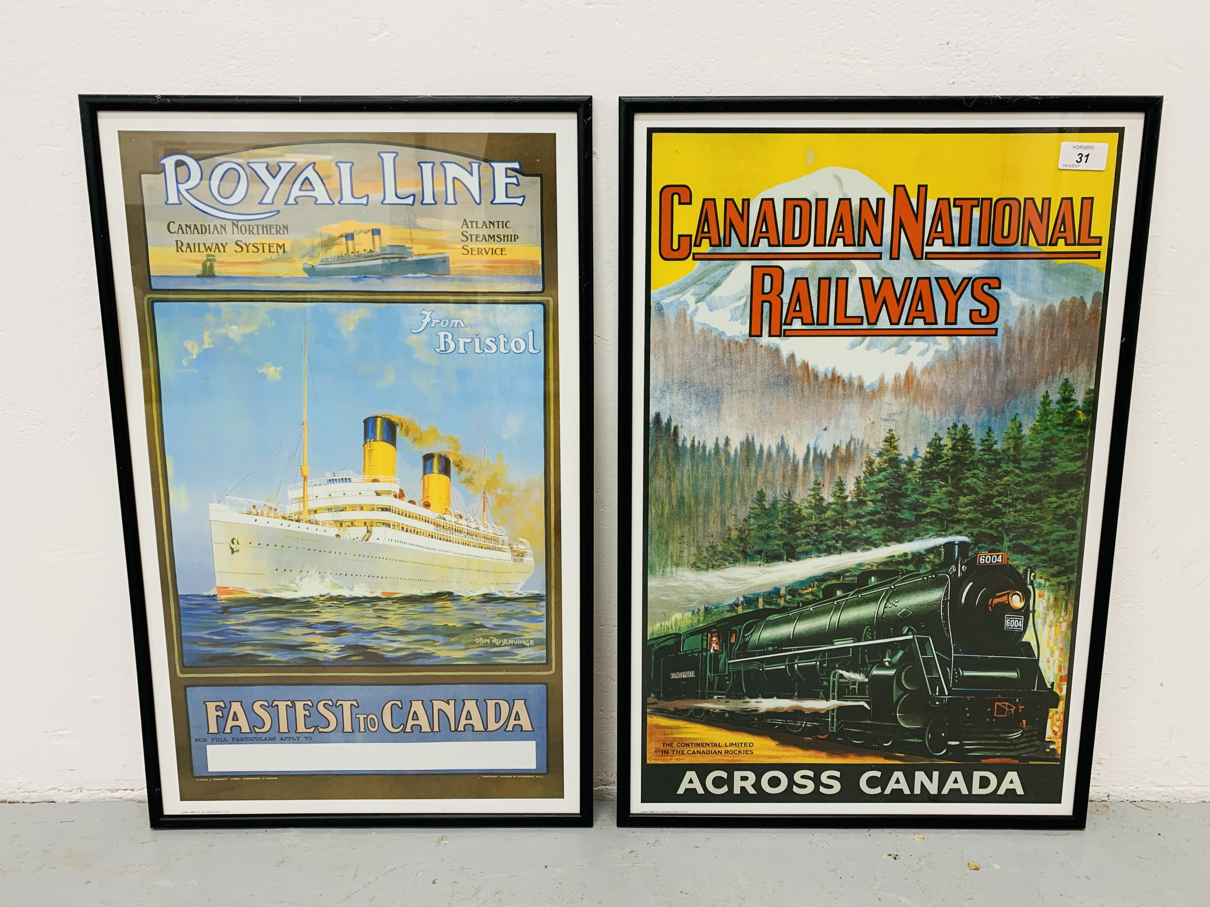 TWO FRAMED MODERN POSTERS "CANADIAN NATIONAL RAILWAYS" - W 39CM. H 60CM. AND "ROYAL LINE" - W 35CM.