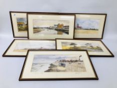 A FRAMED SET OF SIX ANDREW DIBBEN PRINTS DEPICTIN GNORTH NORFOLK COASTAL SCENES EACH 37CM W. 15CM H.