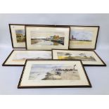 A FRAMED SET OF SIX ANDREW DIBBEN PRINTS DEPICTIN GNORTH NORFOLK COASTAL SCENES EACH 37CM W. 15CM H.