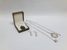 4 X SILVER DESIGNER PENDANT NECKLACES TWO OF WHICH ARE MARKED "CLOGAU" + PAIR OF MULTI PEARL DROP