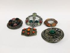 5 X WHITE METAL SCOTTISH CELTIC DESIGN BROOCHES SET WITH AGATE AND VARIOUS HARD STONES