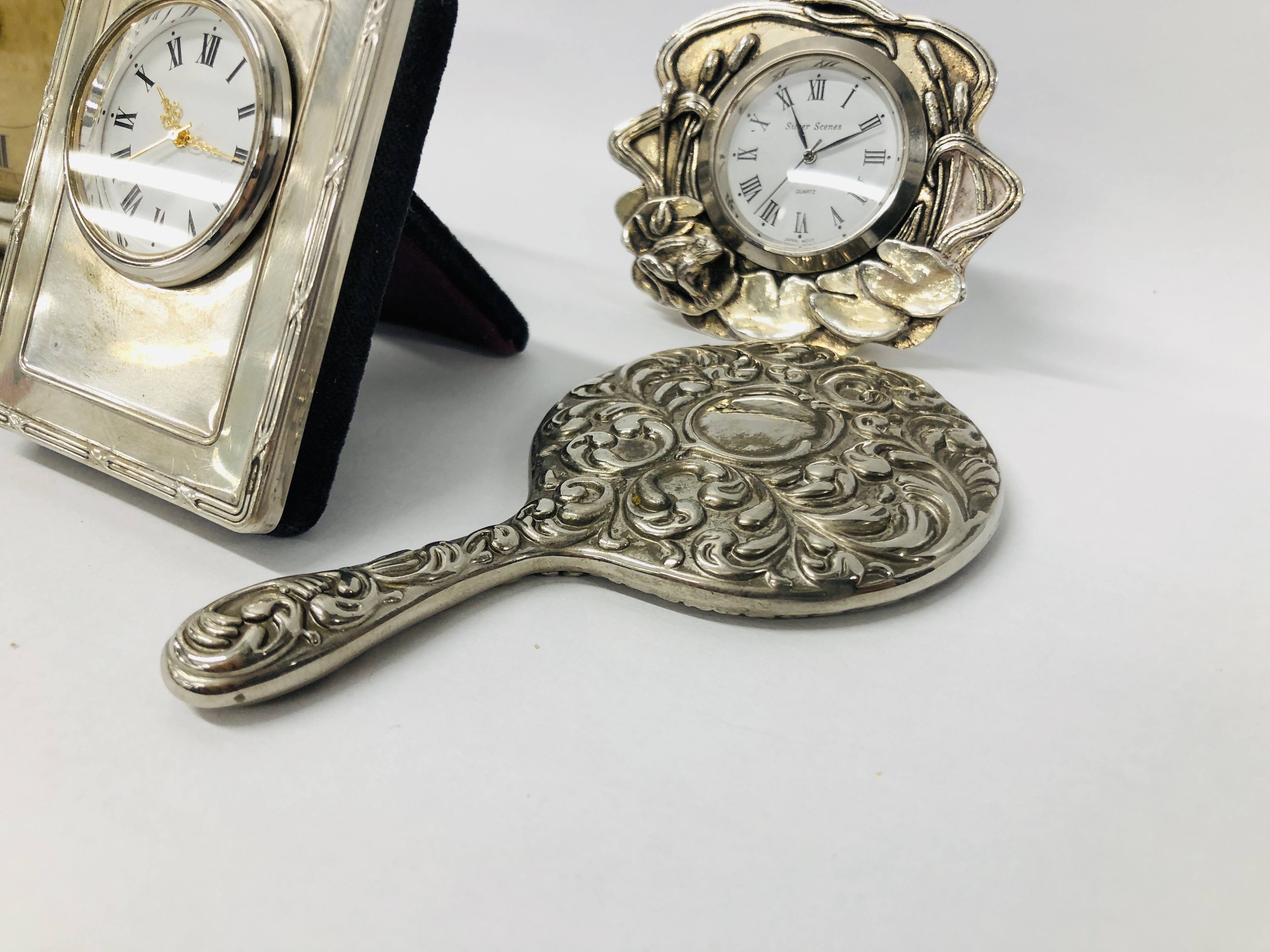 A SMALL SILVER CASED 30 HOUR BEDSIDE CLOCK ALONG WITH A SMALL QUARTZ CLOCK WITH SILVER MOUNT, - Image 2 of 11