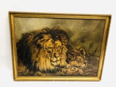 OIL ON CANVAS LION & LIONESS DETAILS TO REVERSE (PAINTED FROM A PICTURE HALF THIS SIDE BY E.G.