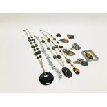 COLLECTION OF STONE SET JEWELLERY TO INCLUDE A TIGER EYE NECKLACE + 4 PENDANTS IN THE CELTIC STYLE