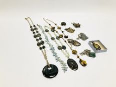 COLLECTION OF STONE SET JEWELLERY TO INCLUDE A TIGER EYE NECKLACE + 4 PENDANTS IN THE CELTIC STYLE