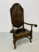 A REPRODUCTION WALNUT OPEN ARMCHAIR IN THE C17TH STYLE,