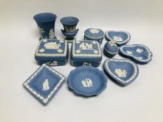 COLLECTION OF WEDGEWOOD BLUE JASPER WARE - APPROX 11 PIECES TO INCLUDE VASES,