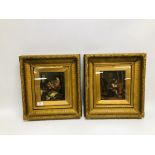 A PAIR OF GILT FRAMED PICTURES DEPICTING PIPE SMOKERS PAINTED ON TIN PANELS EACH W 16CM. H 19CM.