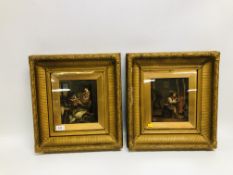 A PAIR OF GILT FRAMED PICTURES DEPICTING PIPE SMOKERS PAINTED ON TIN PANELS EACH W 16CM. H 19CM.