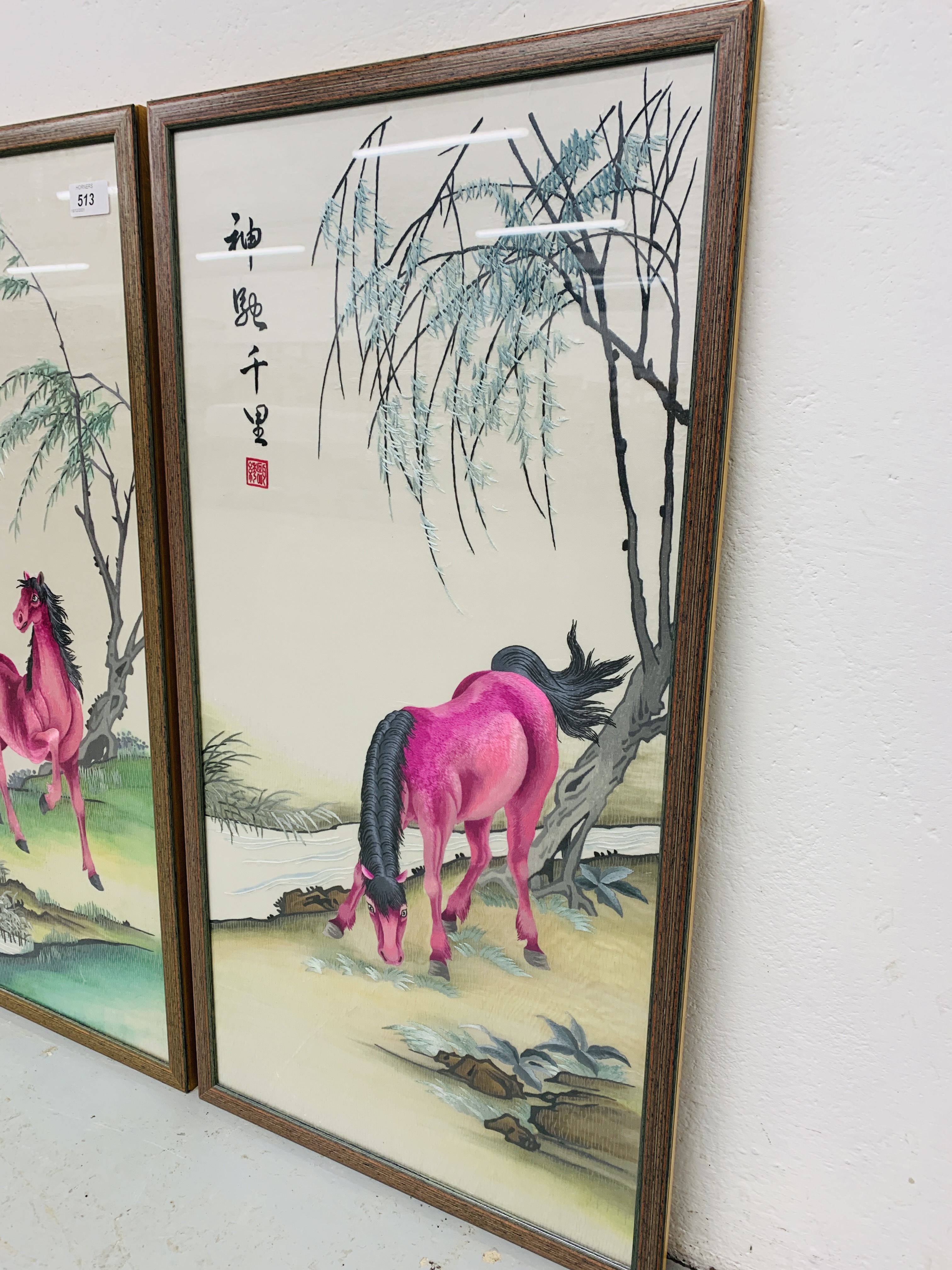 A PAIR OF FRAMED ORIENTAL EMBROIDERIES ON SILK DEPICTING PINK HORSES EACH - W 39CM. H 75CM. - Image 3 of 8