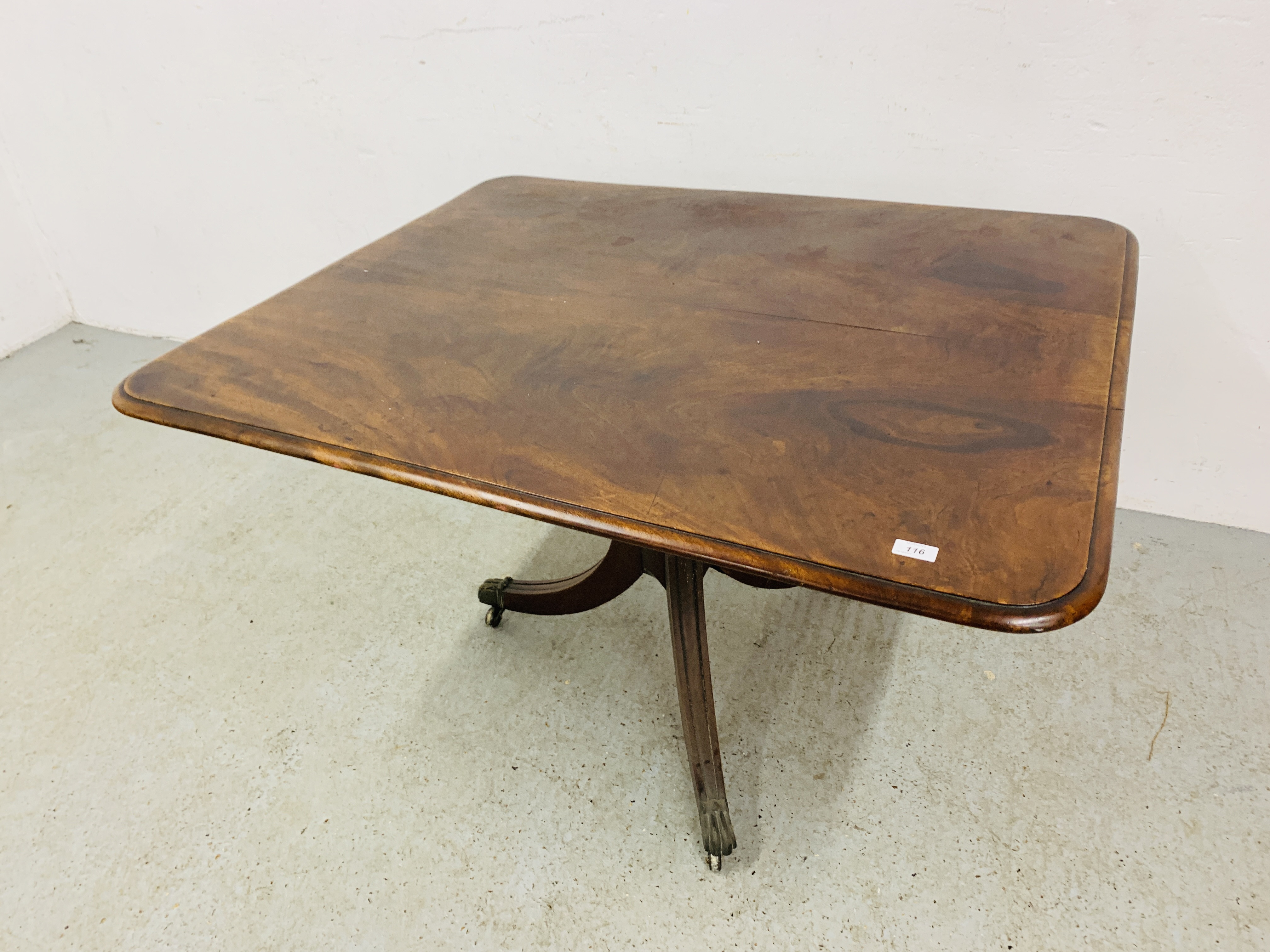 A WILLIAM IV MAHOGANY PEDESTAL DINING TABLE WITH SQUARE TOP W 100CM, D 120CM,