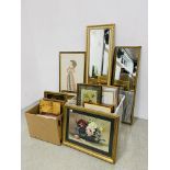 AN EXTENSIVE COLLECTION OF FRAMED PRINTS, EMBROIDERIES, PICTURES AND MIRRORS.